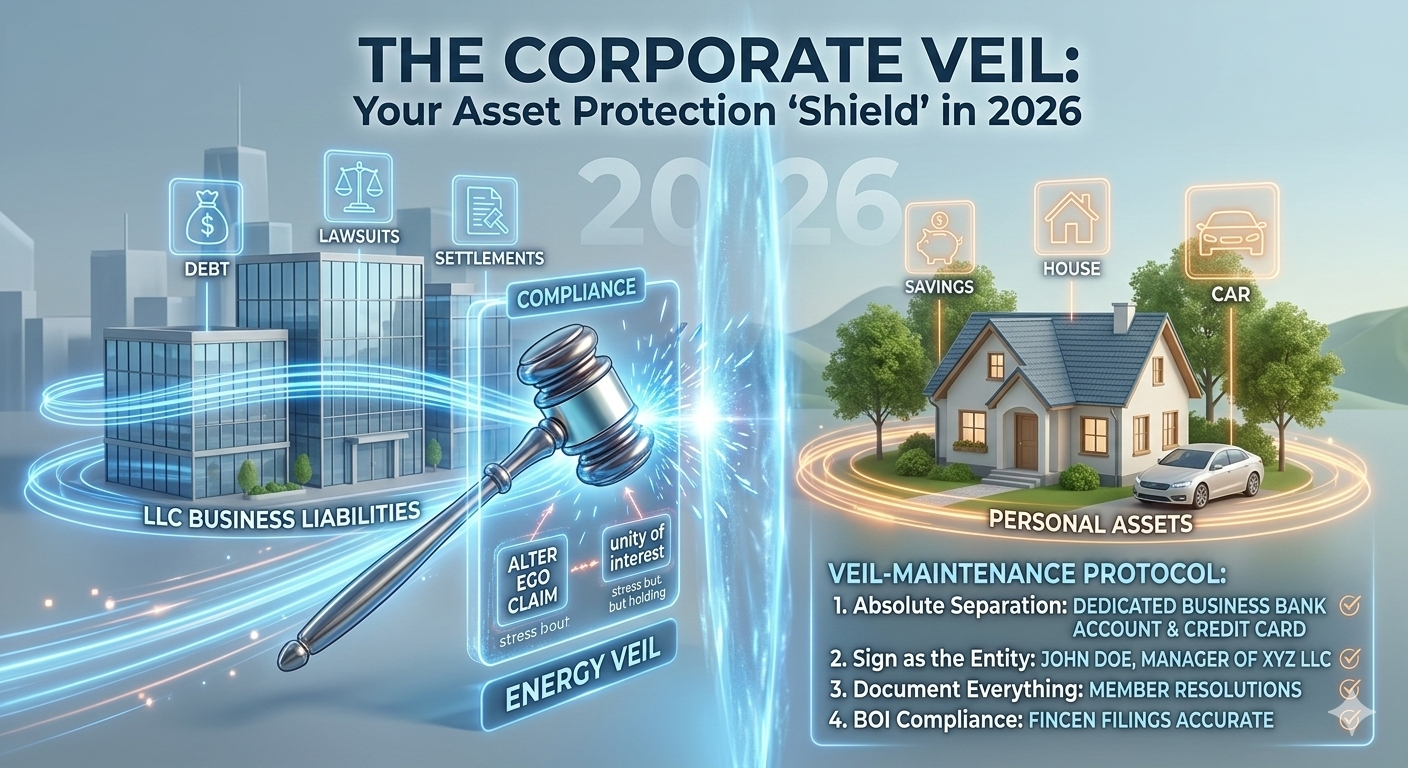 A 2026 guide to the corporate veil, illustrating the legal separation between personal assets and business liabilities.